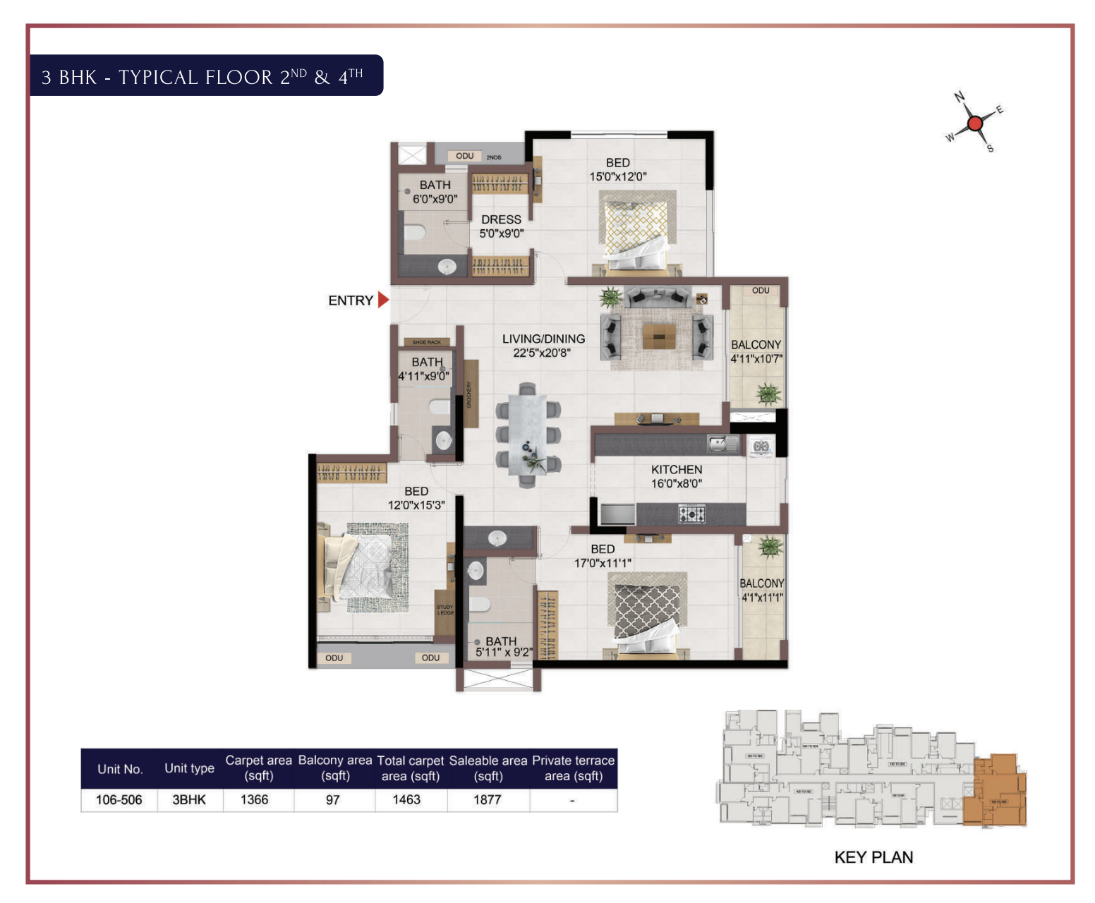 Casagrand Dior - 3BHK - Typical Floor Plan - 2nd and 4th